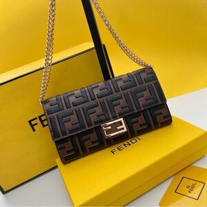 Fendi Brown and Black FF Logo Leather Shoulder Bag with Gold Chain